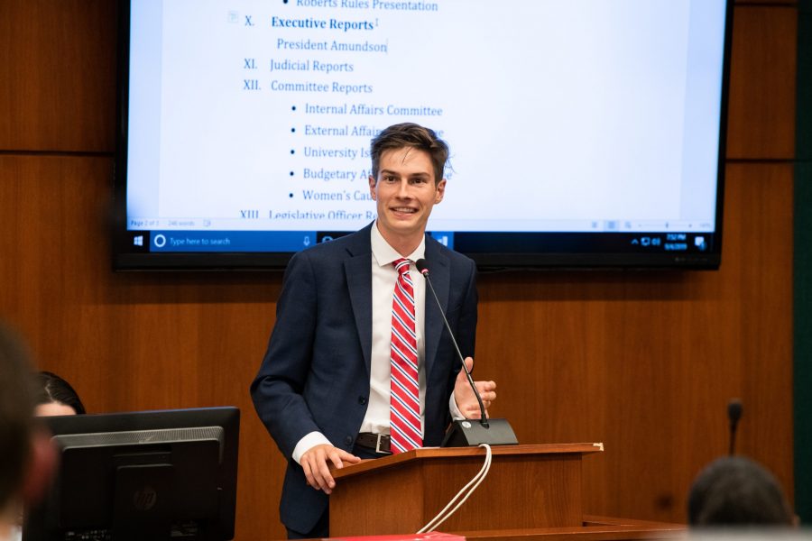 Associated Students of Colorado State University President Ben Amundson gives an executive report to recap the growth of ASCSU through the summer and future goals to the ASCSU Senate Sept. 4. (Colin Shepherd | Collegian)