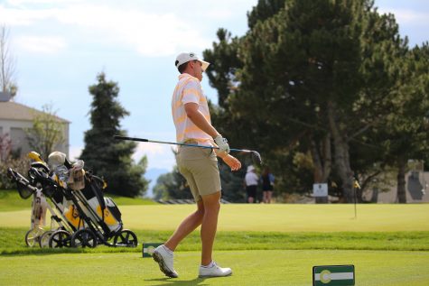 AJ Ott watches his drive after teeing off on hole ten of the Ram Masters Invitational. (Luke Bourland | Collegian)