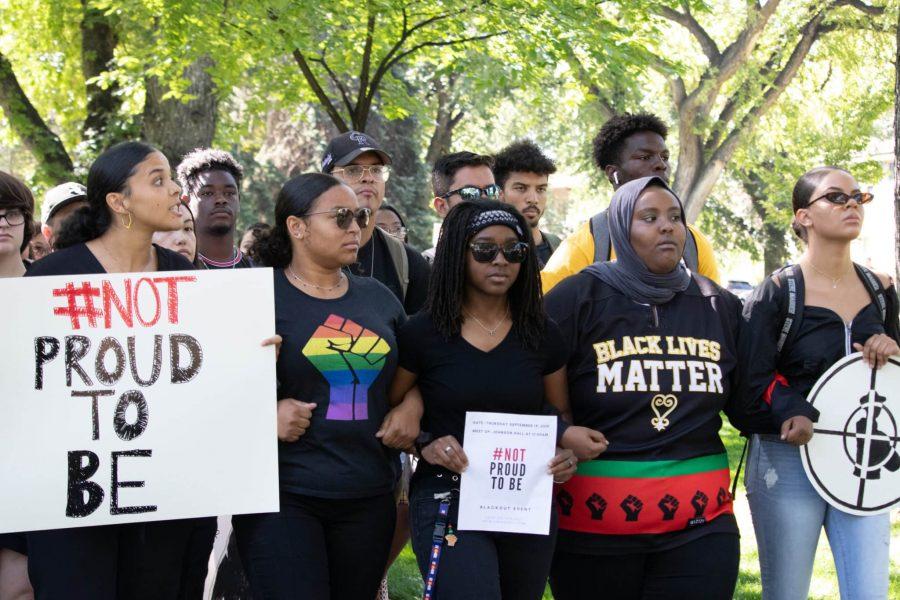 Colorado State University students march at the #NotProudToBe blackout event towards The Oval during the Fall Address, Sept. 19. (Anna von Pechmann | Collegian) 