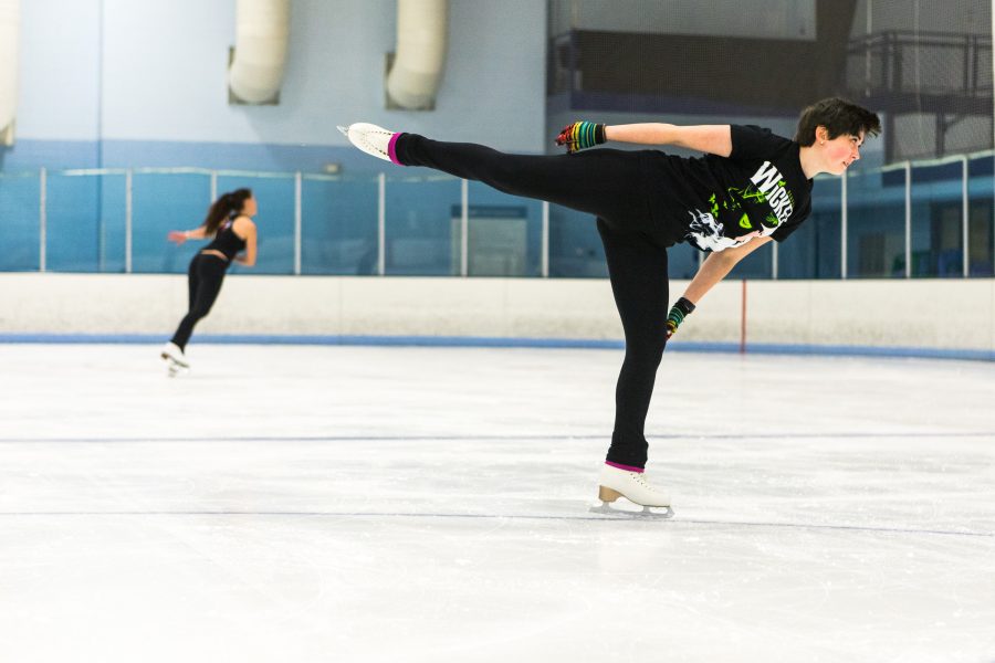 Miranda Coldren, a sophomore on the Colorado State University figure skating team, performs a camel spin at practice, Sept. 22. (Brooke Buchan | The Collegian)