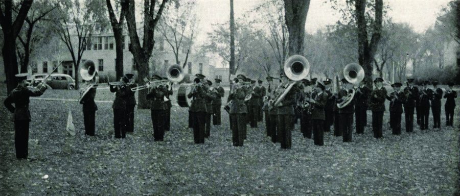 The 1943 Military Band practices on the Oval. (Silver Spruce,1943)