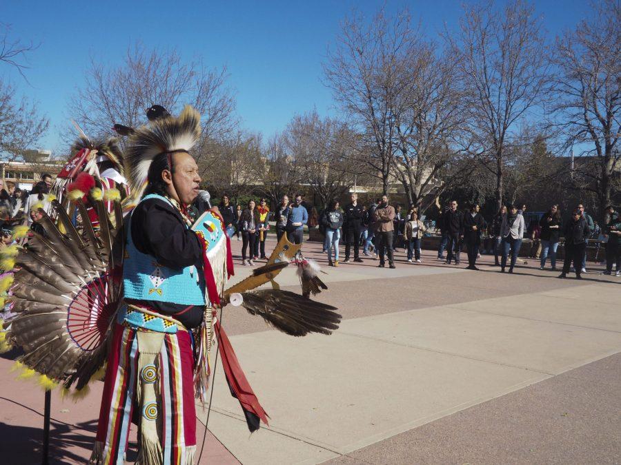 Fort Collins conmunity member Francis Sherwood speaks to the assembled crowd at the Frybread sale, drum group and Pow Wow Dance Expo on Oct. 25. The event was put on in preparation for Native American Heritage month in November. Sherwood identifies as Arikara, Hidatsa, and Navajo and wore Northern traditional regalia. (Gregory James | Collegian)