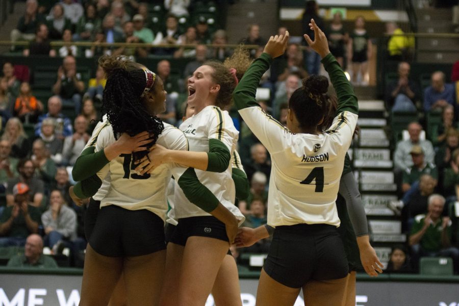 The CSU volleyball team celebrates a point in their 3-0 win over Nevada on Oct. 26. (Gregory James | The Collegian)