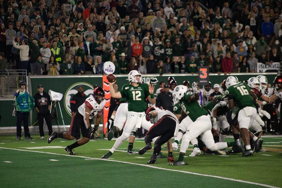 Patrick O'Brien prepares to pass the ball down the field, during the homecoming game against San Diego State. CSU fall to SDSU 24-10. (Devin Cornelius | Collegian)