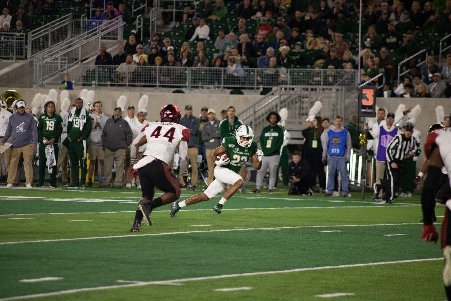 Dante Wright(22) runs down the field after catching a pass, during Colorado State's homecoming game against San Diego State. SDSU defeats CSU 24-10 (Devin Cornelius | Collegian)