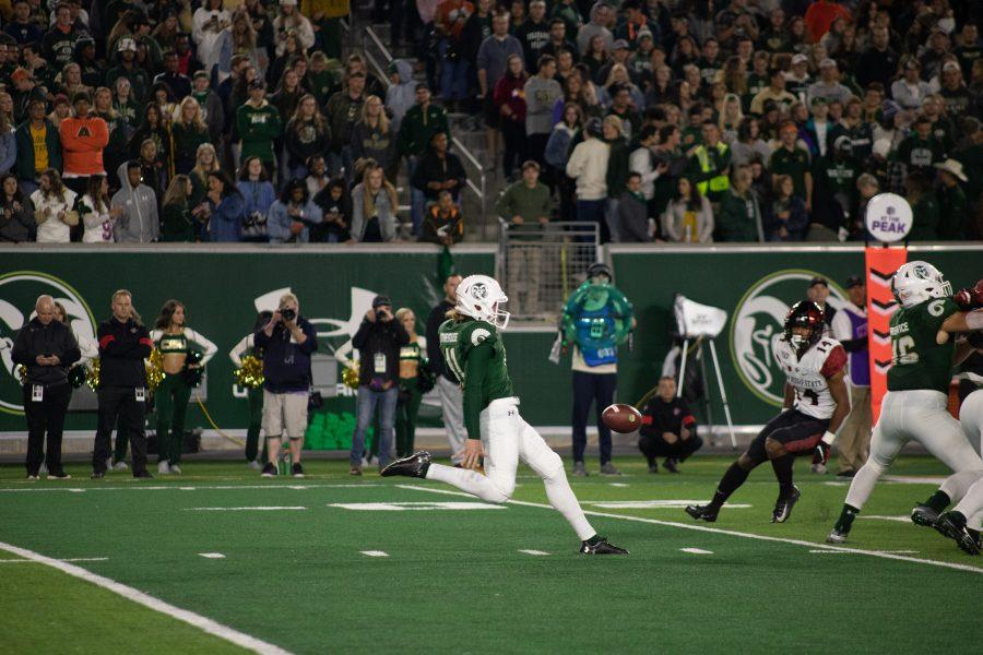 Ryan Stonehouse(41) punts the ball to San Diego State at the end of a Colorado State drive, as CSU plays their homecoming game against SDSU, CSU falls 24-10. (Devin Cornelius | Collegian)