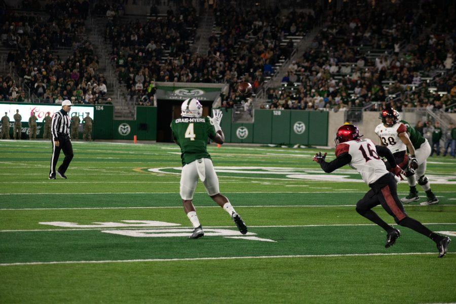 Nate Craig-Myers(4) catches a pass from Patrick O'Brien(12) during the Homecoming game against San Diego State. CSU loses 24-10. (Devin Cornelius | Collegian)