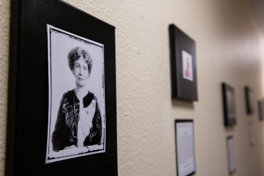 A photo of Emmeline Pankhurst (1858-1928) is displayed at Global Village Museum for the Zonta Club of Fort Collin’s exhibit “Inspirational Women Rising Through Adversity.” Pankhurst became deeply involved in the women’s suffrage movement by founding the Women’s Franchise League and more radical Women’s Social and Political Union in Great Britain. (Colin Shepherd | Collegian)