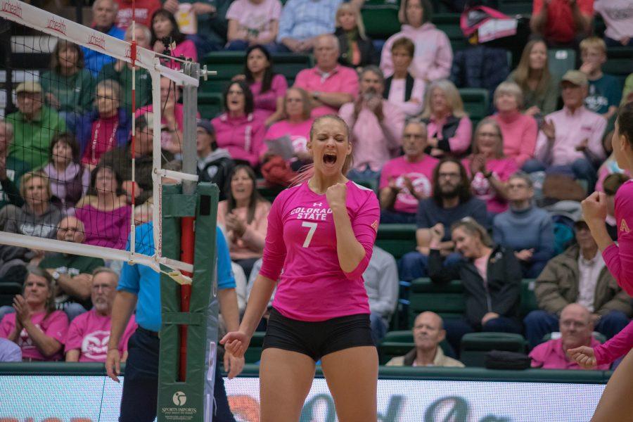 Sasha Colombo(7) celebrates after scoring a point for Colorado State, during the CSU Home Pink Out game against Fresno State. CSU wins three sets to zero. (Devin Cornelius | Collegian)