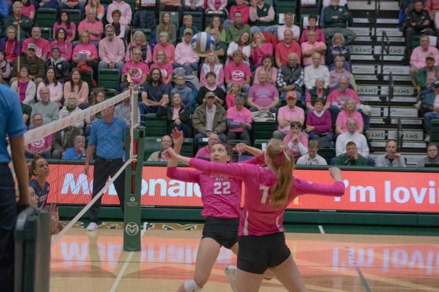 Kristie Hillyer(13) leaps to spike the ball after Katie Oleksak(22) sets the ball to her, during the Moby arena Pink Out game vs Fresno State University. Colorado State wins three sets to zero. (Devin Cornelius | Collegian)