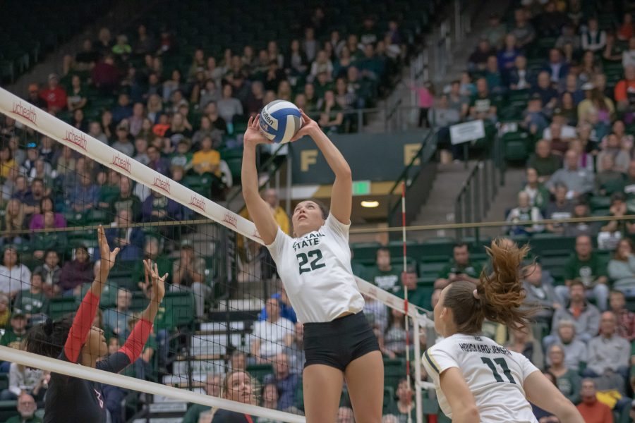 Katie Oleksak(#22) sets  Paulina Hougaard-Jensen(#11) during Colorado State's home game against San Diego State. CSU sweeps SDSU in three sets. (Devin Cornelius | Collegian)