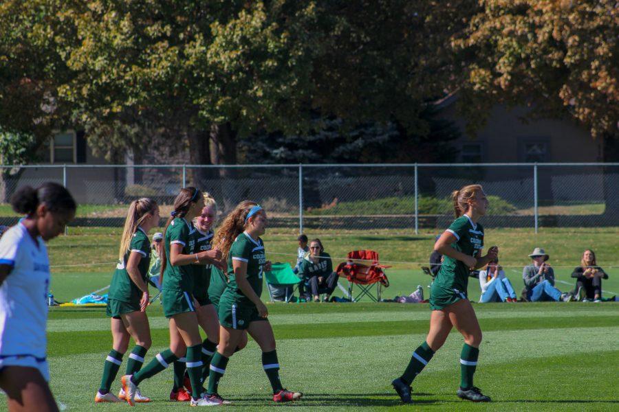 Colorado State Universitys womens soccer team celebrates after scoring a second goal during a match against San José State on Oct 13th. (Megan McGregor | Collegian)