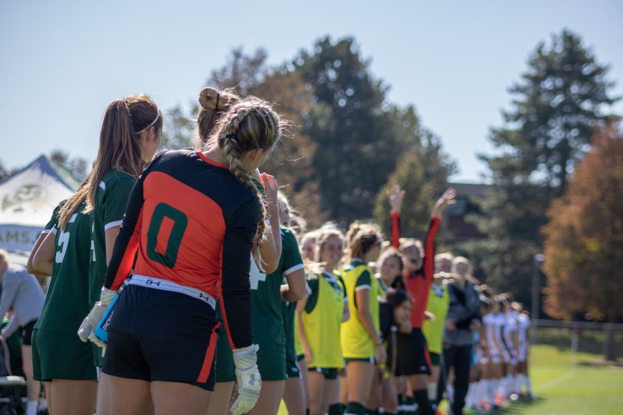 Gabie McDonald(#0) looks down at all of her teammates before their match against San Diego State. Colorado State wins two goals to one. (Devin Cornelius | Collegian)
