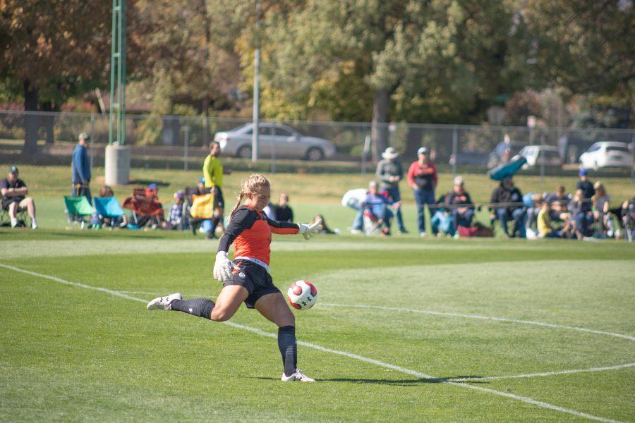 Gabi McDonald(#0) drop kicks the ball towards the other side, as Colorado State takes on San Diego State at home. CSU wins two goals to one.  (Devin Cornelius | Collegian)