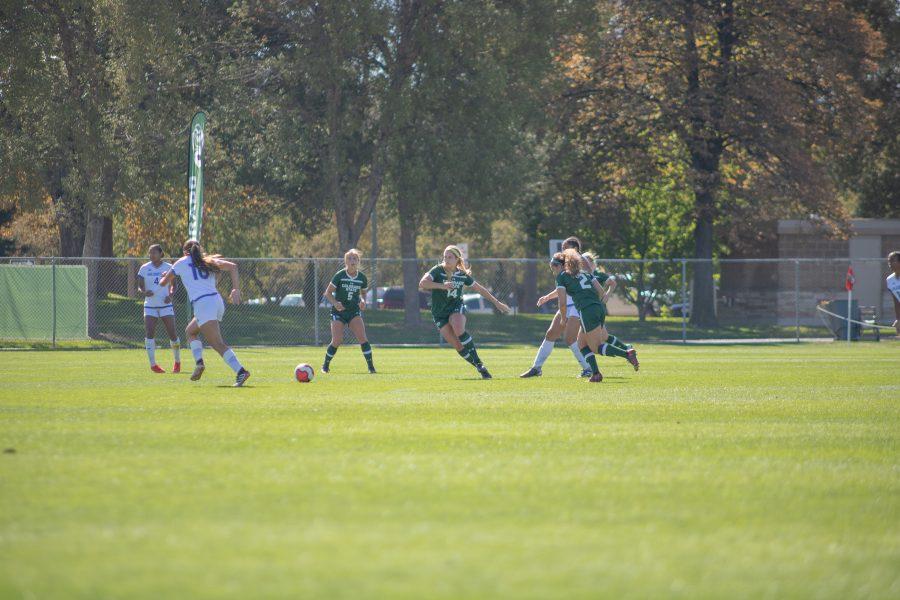 Caeley Lordemann(#14) chases down the ball on the San Diego State side of the field, as Colorado State battles San Diego State at home. CSU pulls away with the two goals to one win. (Devin Cornelius | Collegian)