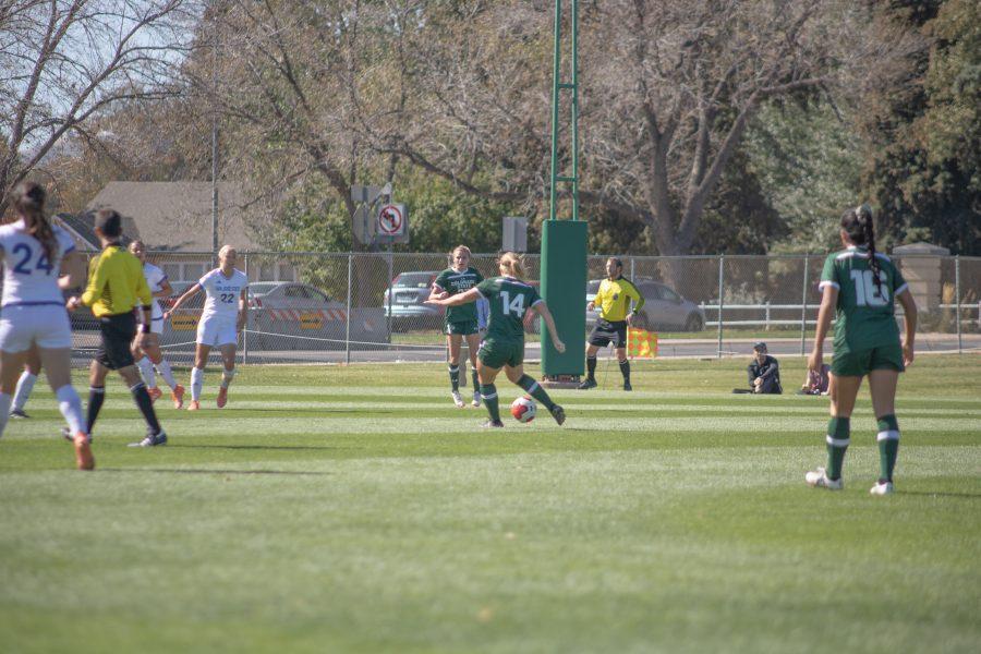 Caeley Lordemann(#14) shoots the ball towards the San Diego State goal, as Colorado State plays SDSU at home. CSU wins two goals to one. (Devin Cornelius | Collegian)