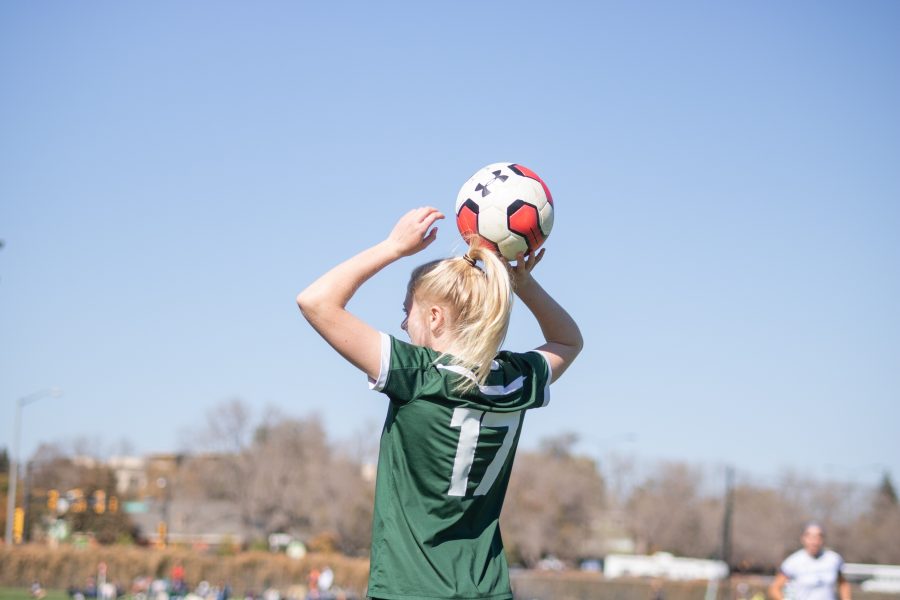 Ally Murphy-Pauletto(#17) looks to throw the ball in, during the Colorado State home game against San Diego State. CSU wins two goals to one. (Devin Cornelius | Collegian)