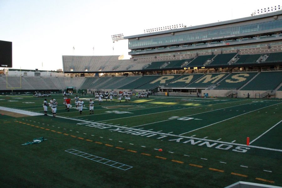 As the Colorado State University Rams football team finishes up practice on October 16th, the sun goes down perfectly behind Canvas Stadium. (Asia Kalcevic |  The Collegian) 
