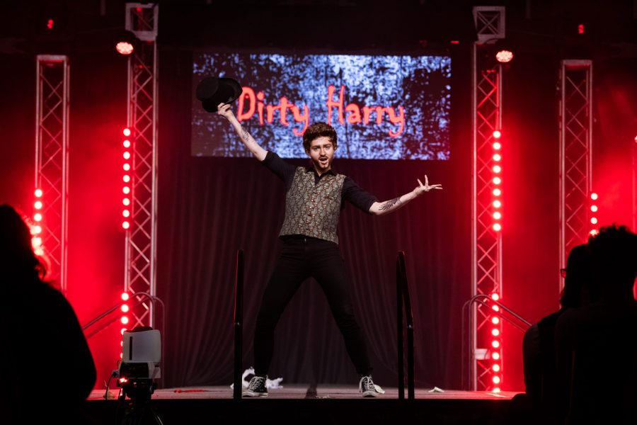 Dirty Harry performs on-stage during the fall semester PRISM drag show, Scream Queers, in the Lory Student Center Grand Ballroom Oct. 20. PRISM collected donations that went to the Pride Resource Center to help fund scholarships for LGBTQ+ students. (Colin Shepherd | The Collegian)