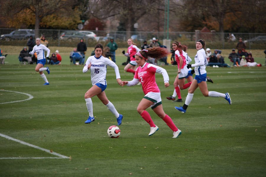 Alex Lanning (#2) runs past a defender towards the Boise State goal, during Colorado State's game against BSU. BSU wins 1-0. (Devin Cornelius | Collegian)