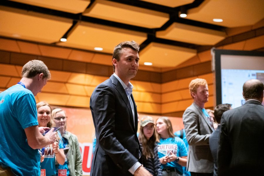 Turning Point USA Founder and President Charlie Kirk  signs autographs for audience members following his “Culture War,” tour at the University Center for the Arts Oct. 22. (Colin Shepherd | The Collegian)