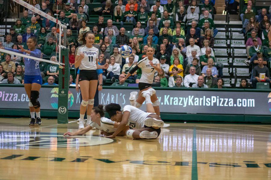 Katie Oleksak(#22) and Jessica Jackson(#21) avoid hitting each other after diving to the floor in an attempt to save the ball, during a University home game vs San Jose State. CSU wins three sets to zero. (Devin Cornelius | Collegian)