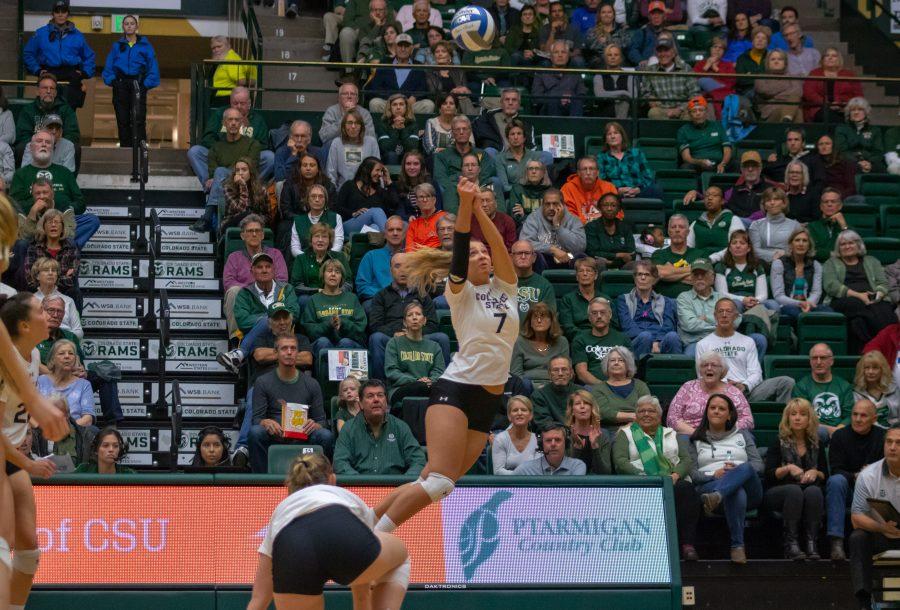 Sasha Colombo(#7) Saves the ball by bumping it up into the air, during the University home game vs San Jose State. CSU wins three sets to zero. (Devin Cornelius | Collegian)
