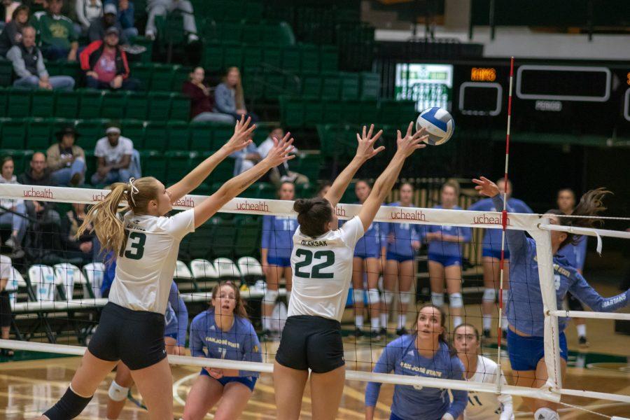 Kirstie Hillyer(#13) and Katie Oleksak(#22) jump up and block an opponents spike, during a University home game against San Diego State. CSU wins three sets to zero. Devin Cornelius | Collegian)