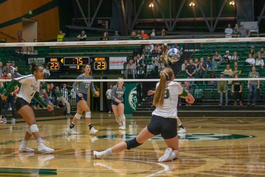 Kirstie Hillyer(#13) bumps the ball towards the setter, during the University home game against Nevada. CSU wins three sets to zero. (Devin Cornelius | Collegian)