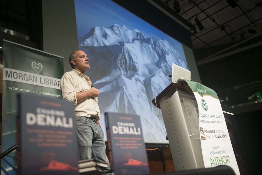 Author and mountaineerer, Jon Waterman, speaks about his book Chasing Denali at the Lory Student Center Theater on Oct. 29. In the presentation Waterman recalled his multiple expeditions to the top of Denali — the highest mountain peak in North America. (Lucy Morantz |  The Collegian)