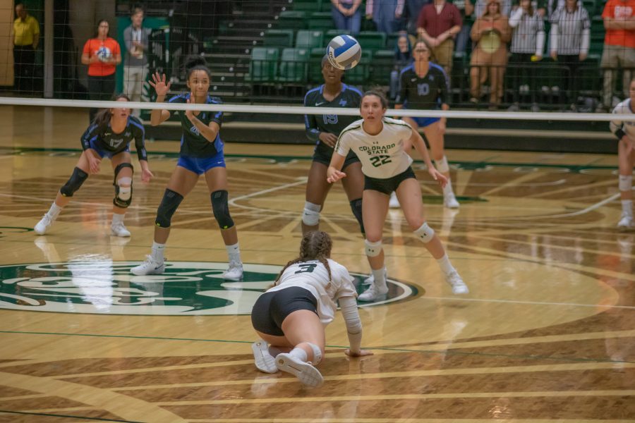 Olivia Nicholson (3) digs the ball back up into the air as Katie Oleksak (22) watches, during the University's home game against Air Force. (Devin Cornelius | Collegian)
