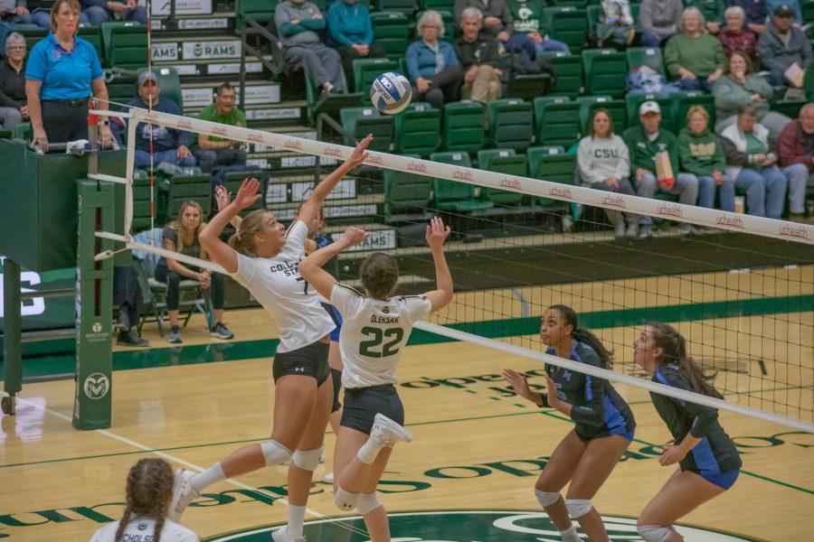 Sasha Colombo (7) prepares to spike the ball set by Katie Oleksak (22), during the University's home game against Air Force. CSU wins three sets to zero. (Devin Cornelius | Collegian)