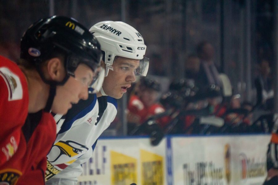 Forward Shane Bowers lines up during a face off on opening night against the Stockton Heat 10/02 (Photo courtesy of the Colorado Eagles).