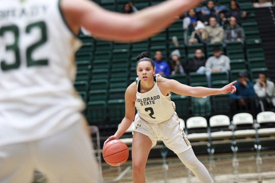 Colorado State University basketball player Tori Williams (2) points to where she would like her other teammates to be for the play Oct. 30, 2019. The Rams won the game against the Colorado State University Pueblo Thunderwolves 84-44. (Asia Kalcevic | The Collegian) 