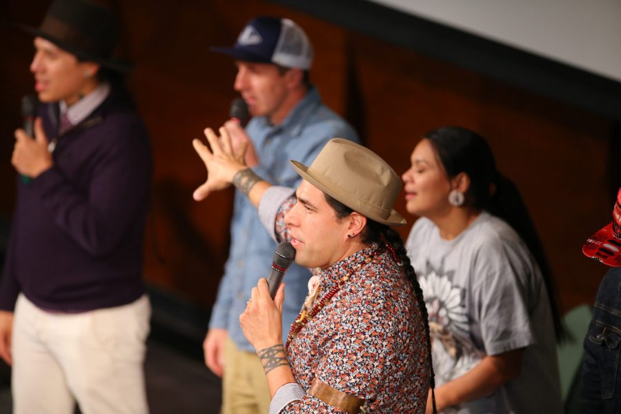 The 1491s comedy group preform a sketch in front of the LSC theater. (Luke Bourland | Collegian)
