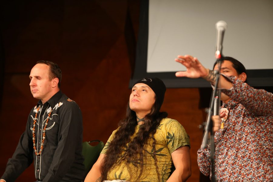 The 1491s, a Native American sketch comedy group, performs a skit in the Lory Student Center theater on Oct. 2. (Luke Bourland | Collegian)