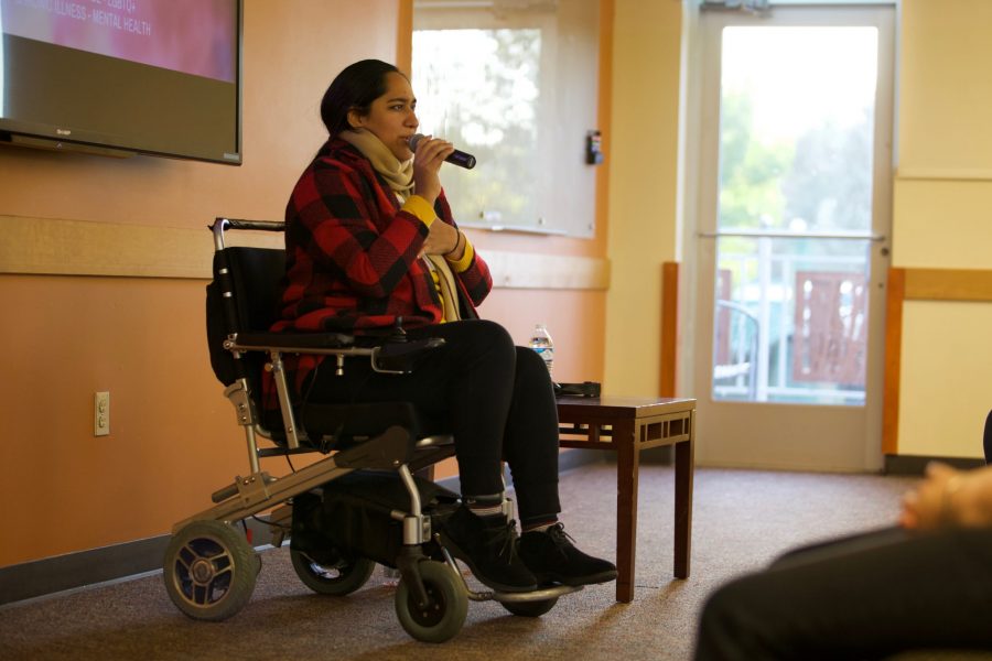 Youtuber Annie Sagarra, also known as Annie Elainey, gives a personal and emotional talk at the LSC October 3. The talk, part of Latinx Heritage Month, focused on intersectionality. Specifically, Sagarra focused on the intersections of race, gender, sexuality, disability and mental illness.  (Ryan Schmidt | Collegian)