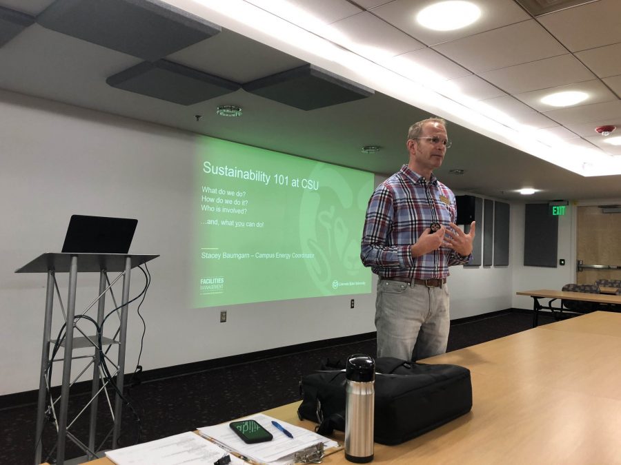 Colorado State University Campus Energy Coordinator Stacey Buamgarn starts his presentation about sustainability on campus. (Marshall Dunham | The Collegian) 
