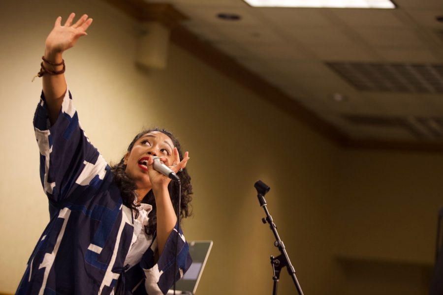Aisha Fukushima performs a unique mix of poetry and song in the North Ballroom of the Lory Student Center Oct. 10. Along with her performances, Fukushima talked about a variety of topics, from  hip-hop, racism, humor, intersectionality, freedom, and her experience with raptivism. (Ryan Schmidt | Collegian)