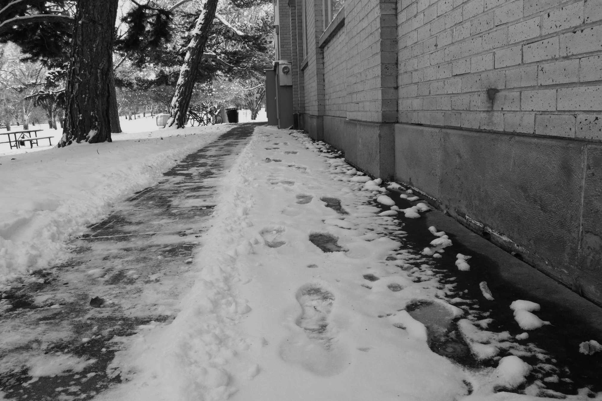 footprints in snow along pathway next to building