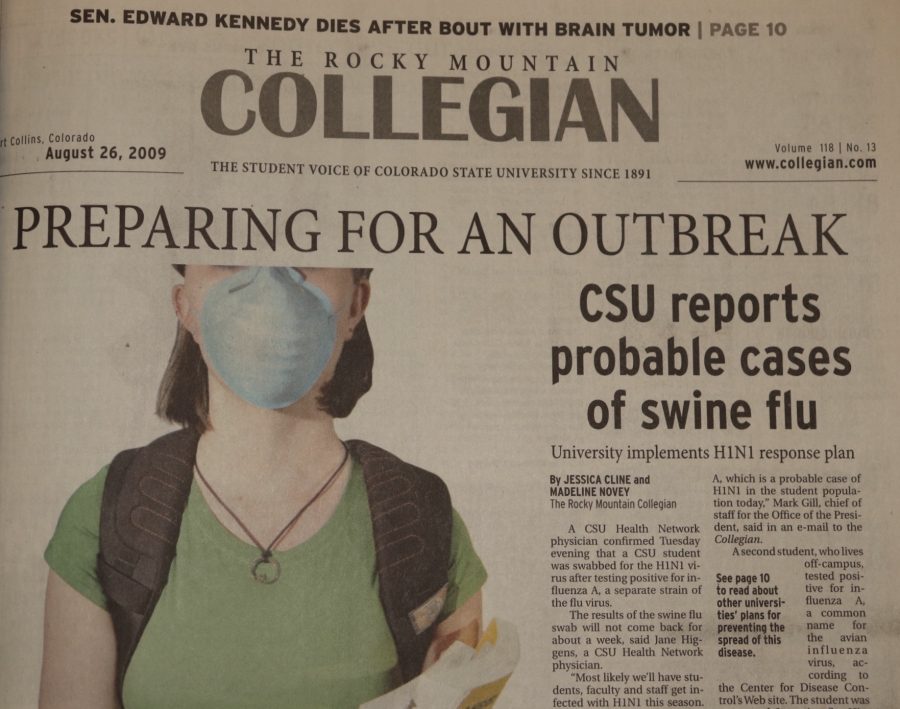 The cover of the first H1N1-related Collegian article Aug. 26, 2009 reported probable cases of H1N1 on campus. Those probably cases would grow to over 800 reported cases within a month. (Matt Bailey | Collegian)