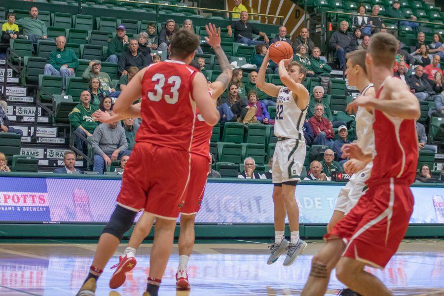 Kyle Lukasiewicz (22) shoots from three, during the University exhibition match against Western Colorado University. CSU wins 79-41. (Devin Cornelius | Collegian)