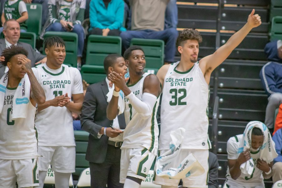 University Players cheer after a dunk attempt, during their exhibition game against Western Colorado University. CSU wins 79-41. (Devin Cornelius | Collegian)