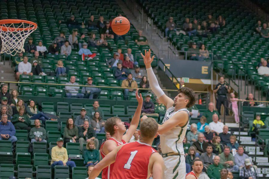 Nico Carvacho (32) shoots from inside the paint, during the University's exhibition match against Western Colorado university. CSU wins 79-41. (Devin Cornelius | Collegian)