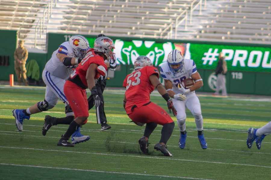 Christian Hunter (28) lowers his shoulder as he runs towards the  end zone, during the University game against the University of Las Vegas. CSU wins 37-17. (Devin Cornelius | Collegian)