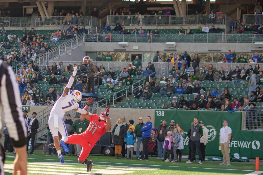Jamal Hicks (7) deflects a pass in the endzone saving the touchdown, during the University game against the University of Las Vegas at Canvas Stadium. CSU wins 37-17.(Devin Cornelius | Collegian)