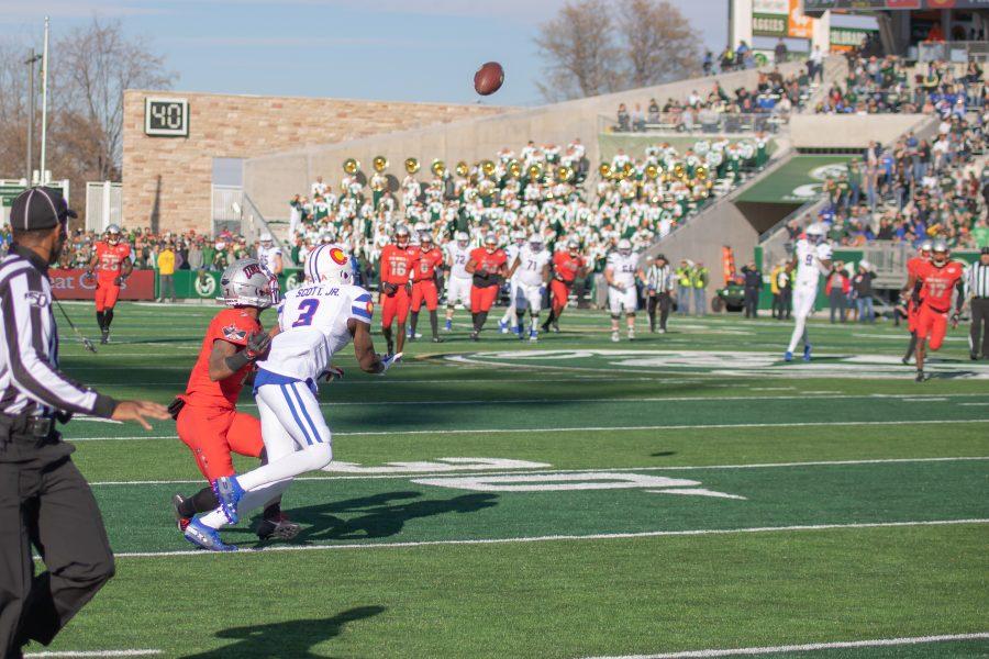 E.J. Scott (3) reaches out to catch the football, as the University takes on the University of Las Vegas at home. CSU wins 37-17.(Devin Cornelius | Collegian)