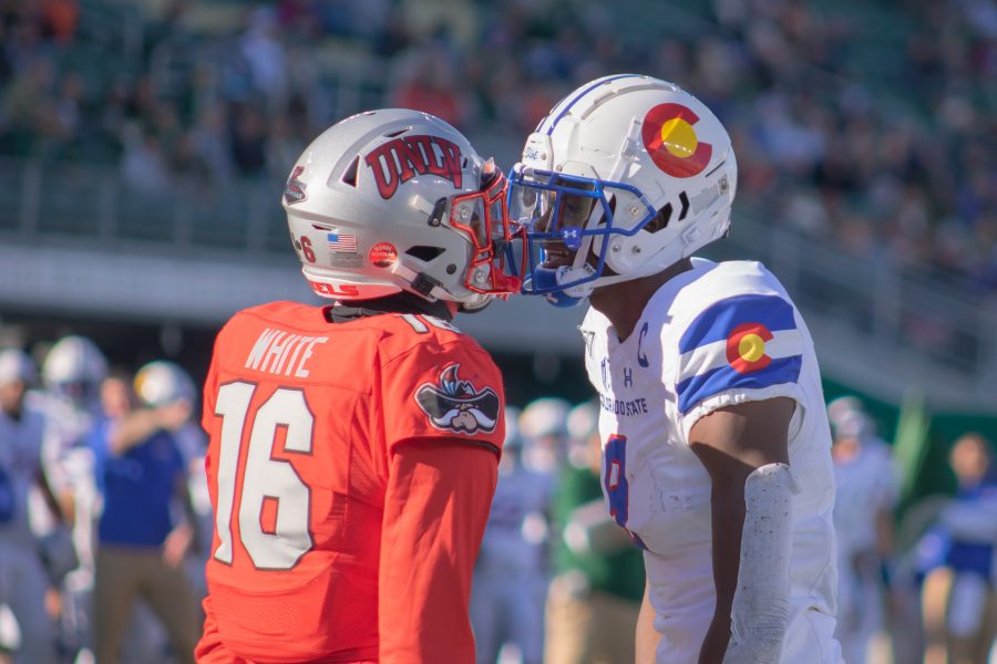 Colorado State University football player Warren Jackson (9) gets into a defender's face after an incomplete pass during the Rams' game against the University of Las Vegas at home Nov. 2. CSU won the game 37-17. (Devin Cornelius | The Collegian)