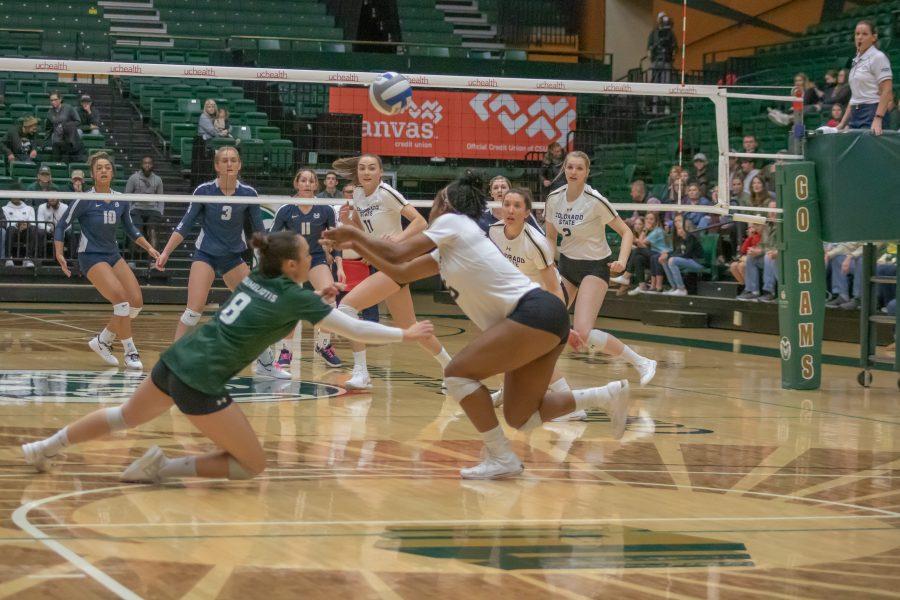 Alexa Roumeliotis (8) and Breana Runnels (15) attempt to bump the ball towards the net, as the University faces off against Utah State at home on Nov 14. CSU wins three sets to zero. (Devin Cornelius | Collegian)