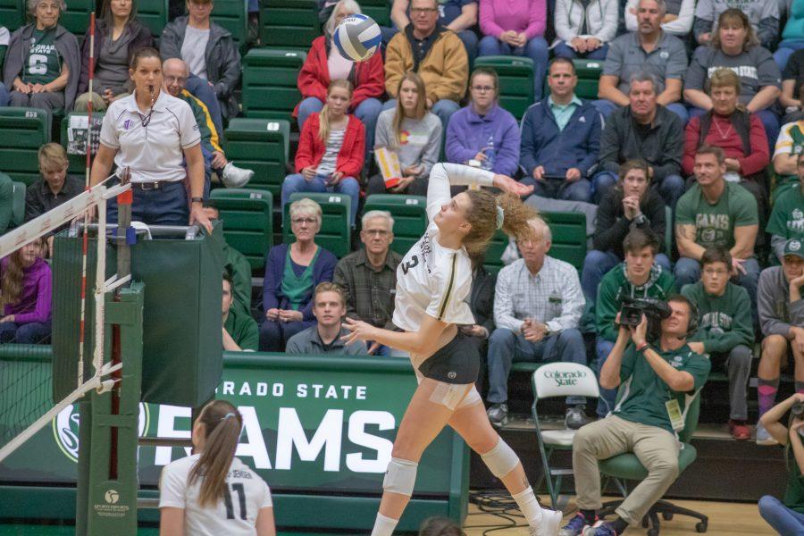 Olivia Nicholson (3) spikes the ball towards her opponents, as the University faces Utah State at Moby Arena on Nov 14. CSU wins three sets to zero. (Devin Cornelius | Collegian)